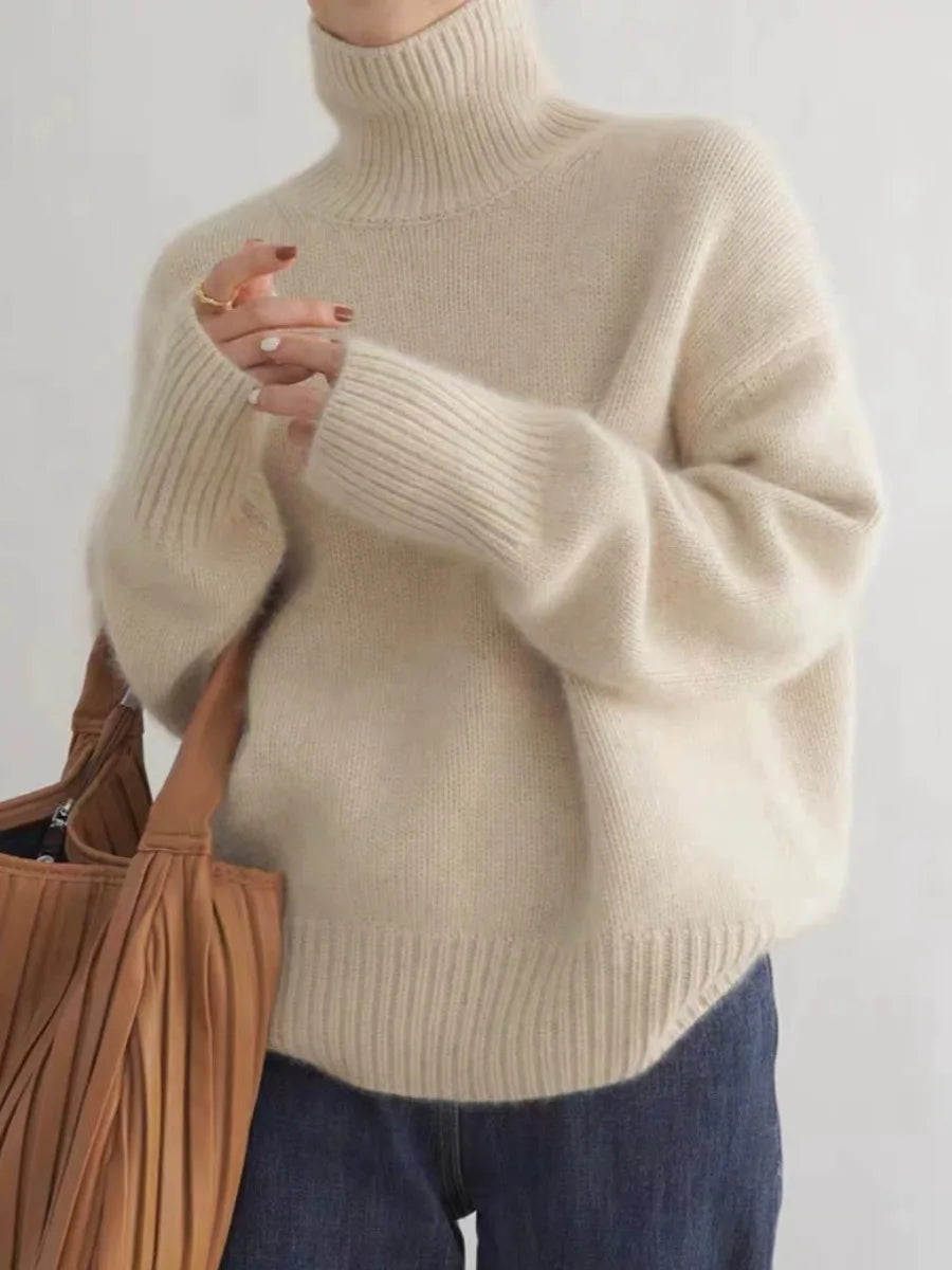 2023 autumn and winter turtleneck 100% pure cashmere women loose sweater thickened wool sweater cover lazy bottom Main image