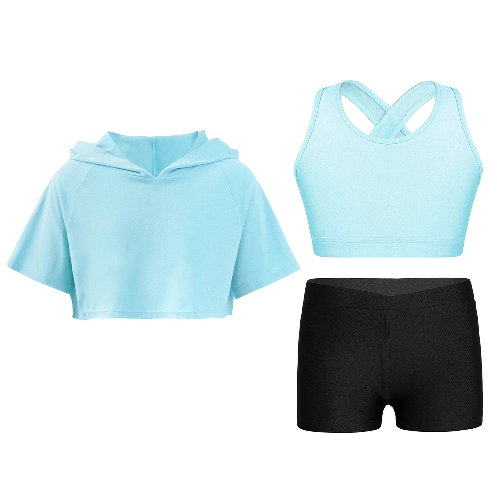 3Pcs Girls Sports Set Vest+Hooded Crop Top+Shorts Sportswear Set for Child Dance Yoga Running Cycling Workout Costume Activewear