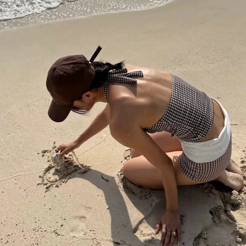 Sexy V-neck Small Chest Gathered To Cover The Belly Exposed Back Fashionable Checkered Flat Angle Pants Split Swimsuit for Women