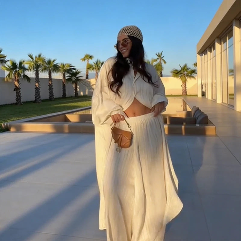 Beige Two Piece Set Women Oversized Button Down Shirt & High Waist Wide Leg Pants Y2k Summer Vacation Kaftan Outfit