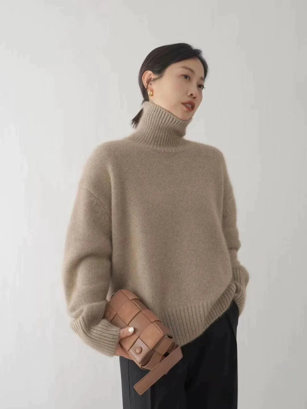 2023 autumn and winter turtleneck 100% pure cashmere women loose sweater thickened wool sweater cover lazy bottom