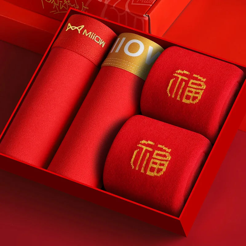 MiiOW Organic Cotton Boxer Socks Set Men Underwear Boxers Trunks Antibacterial Male Panties Boxershorts Underpants Red L-3XL New