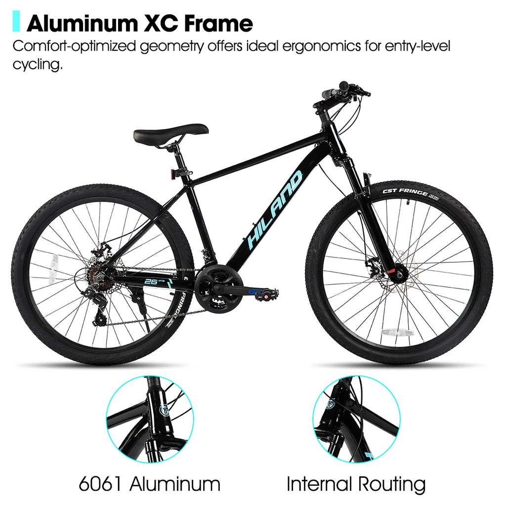 HILAND 26 inch aluminum alloy mountain bike for men and women, 21 speed bike with mechanical disc brakes, front suspension fork