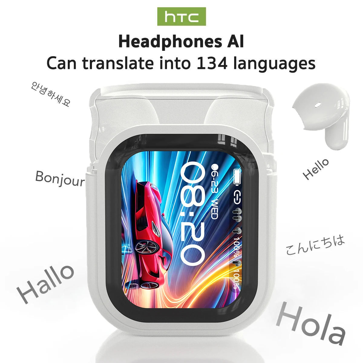 Auriculares Traductor DeIdioma 2026 HTC NE20 Translator Earbuds 6in1 iOs Android 60H Playtime Business Travel Meeting LCD Touch