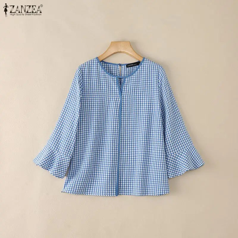 ZANZEA Women Summer Plaid Patchwork Blouse 3/4 Flare Sleeve Cut Out Tops Casual Loose Shirt Retro Chemise Female Work Blusas