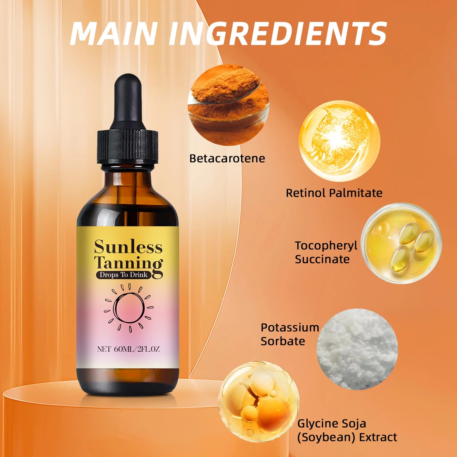 Vitamin-Enriched Tanning Drops 60ml - Beta-Carotene Formula Naturally Enhances Skin Color for a Sun-Kissed Glow Without UV.