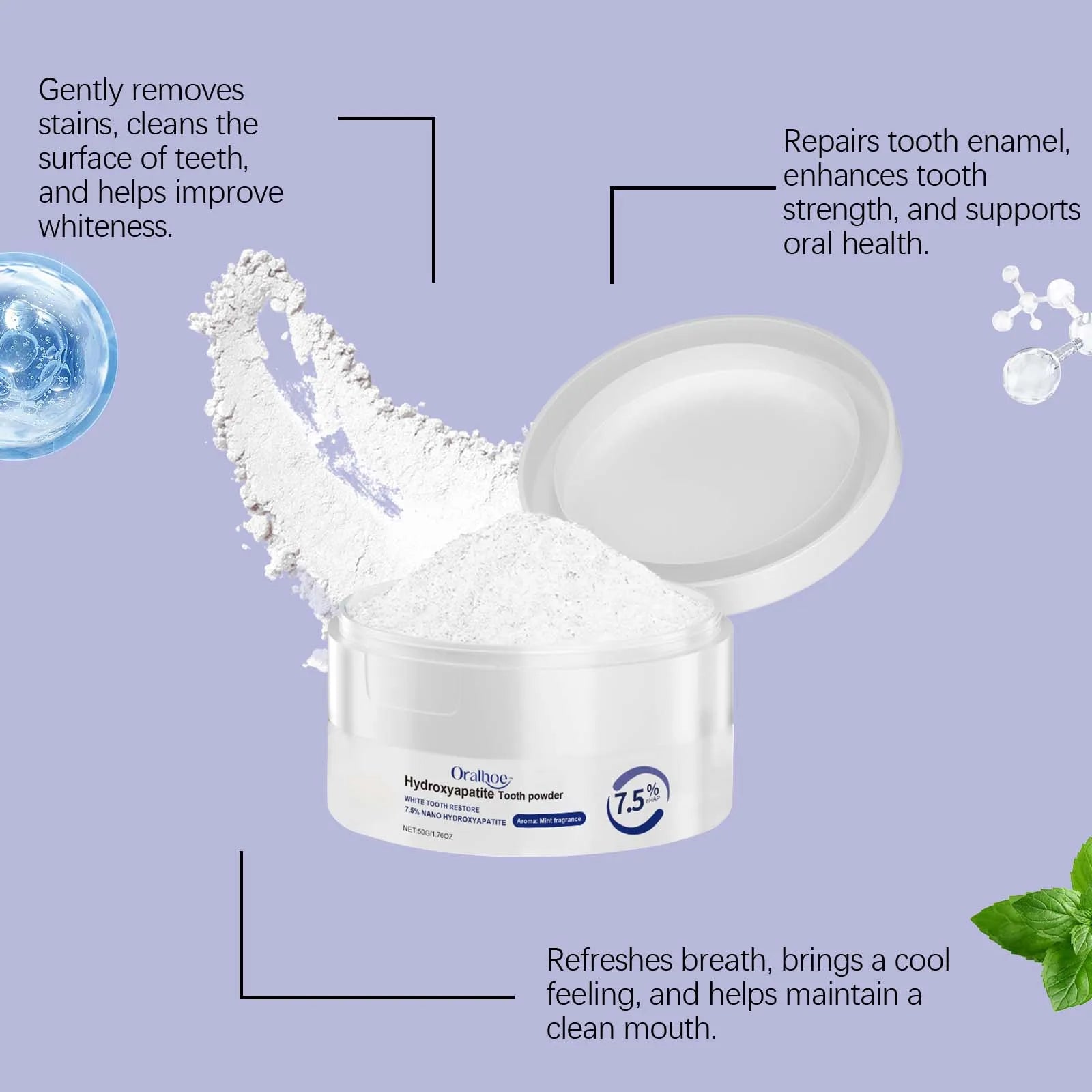 Oral Care Deep Cleaning Whitening Tooth Powder with 7.5% Hydroxyapatite - Remineralizing Cool Mint Enamel Repair Fresh Breath