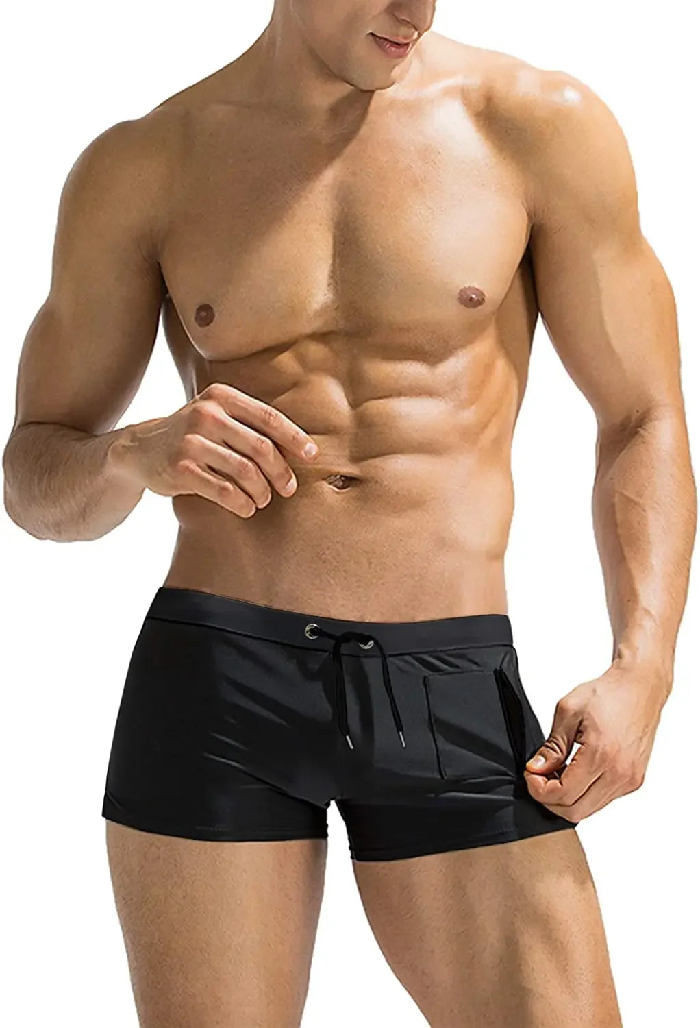 Mens Swim Trunk Swimwear with Zipper Pocket Bathing Suit Swimming Boxer Brief Square Leg Mesh Liner Board Shorts Swimsuits