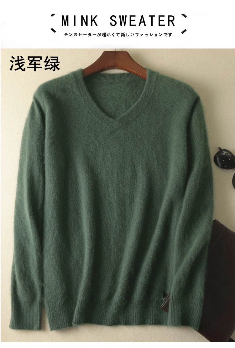 LHZSYY Men's 100% Mink Cashmere Large Size Sweaters Autumn Winter Solid V-neck Casual Knit Pullovers Men Long Sleeve Warm Jumper