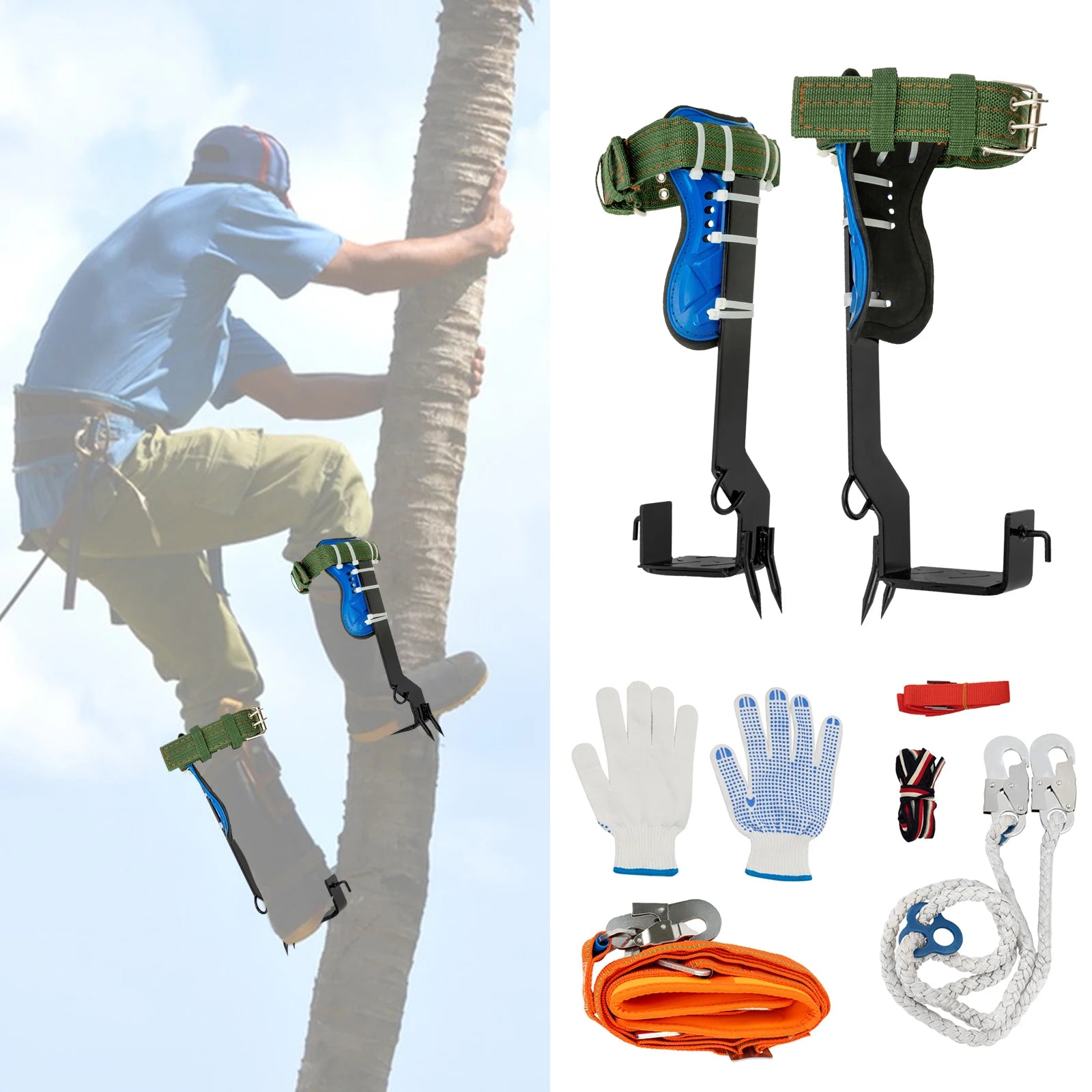 Tree Climbing Tools with Safety Belt 2M Rope 45# Steel Wide Foot Pedal Comfortable Kit for Fruit Picking, Jungle Survival, Black Main image