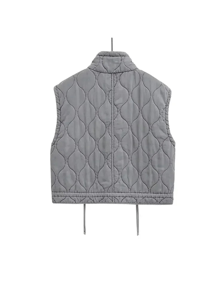 Autumn Winter Women Standing Collar Light weight Sleeveless Cotton Coat Vest Women Pocket Decoration Tank Top