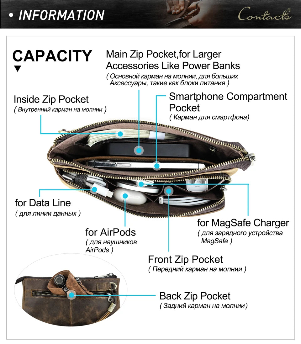 CONTACT'S Genuine Leather Men Clutch Bag Design Handbag Long Wallet Male Purse Travel Charge Storage Bag Cable Organizer