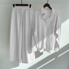 Plus Size Casual Loose Two-Piece Set Wide Leg Pants Long Sleeve Shirt Light Beige Street Style Elegant Quality Polyester Summ...