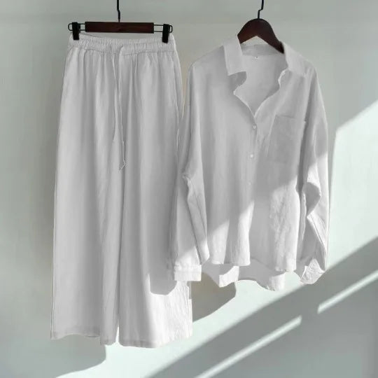 Plus Size Casual Loose Two-Piece Set Wide Leg Pants Long Sleeve Shirt Light Beige Street Style Elegant Quality Polyester Summ...