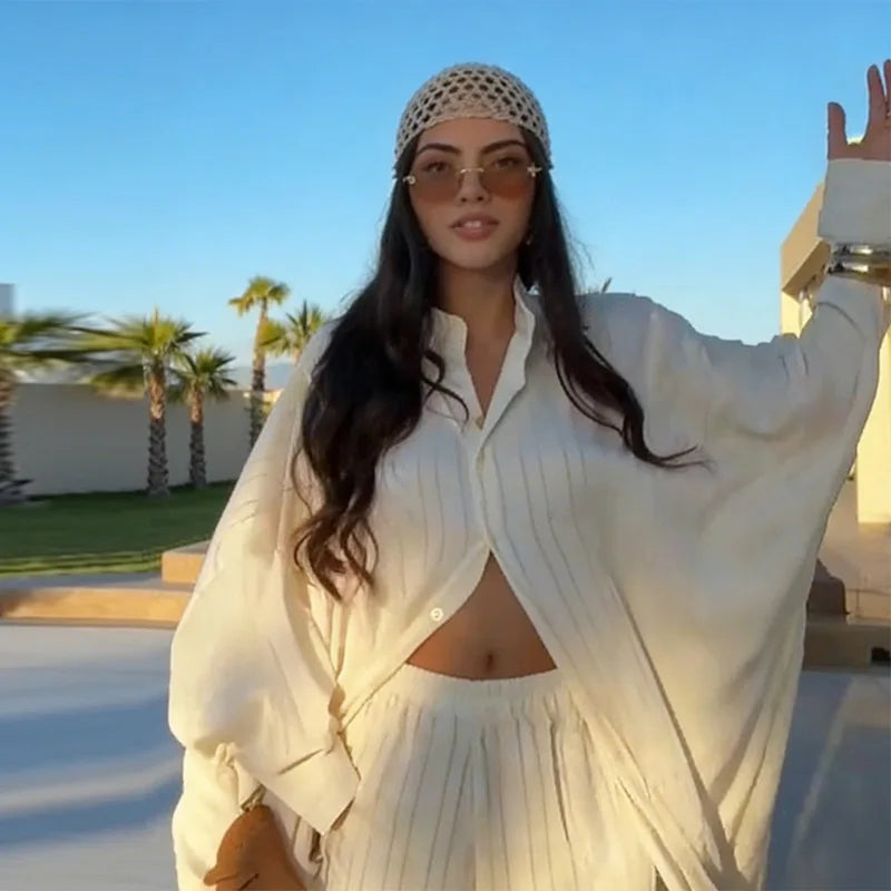 Beige Two Piece Set Women Oversized Button Down Shirt & High Waist Wide Leg Pants Y2k Summer Vacation Kaftan Outfit Main image