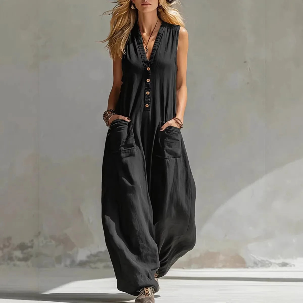 Jumpsuits women 2026 rompers Double-pocket casual linen cotton sleeveless long jumpsuits women's clothing