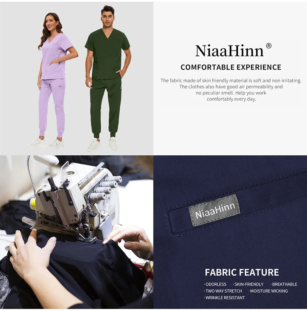 Niaahinn Scrubs Uniforms Sets Wholesale Medical Scrub Stretch Suit Healthcare Nursing Uniform Unisex Surgical Uniforms Woman Men