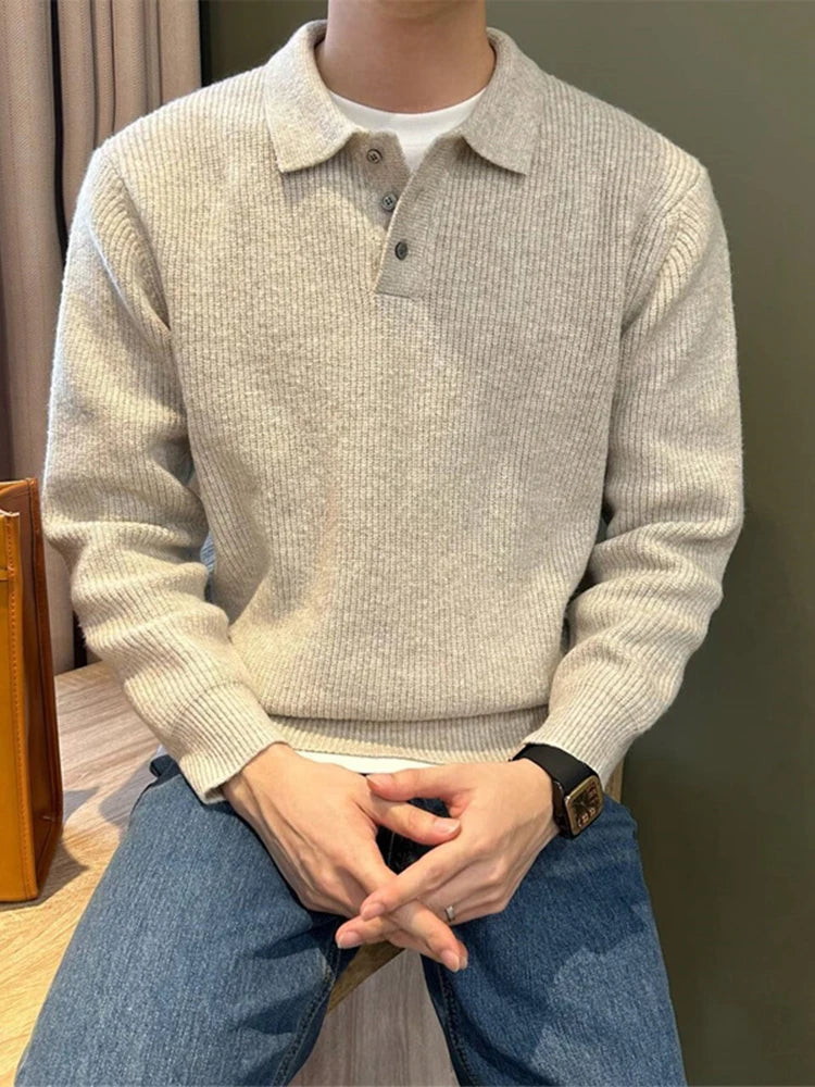 Winter Men's Solid Color Polo Neck Knitted Sweaters Casual Retro Warm Pullovers Knitwear Elegant Y2K Streetwear Jersey Hombre