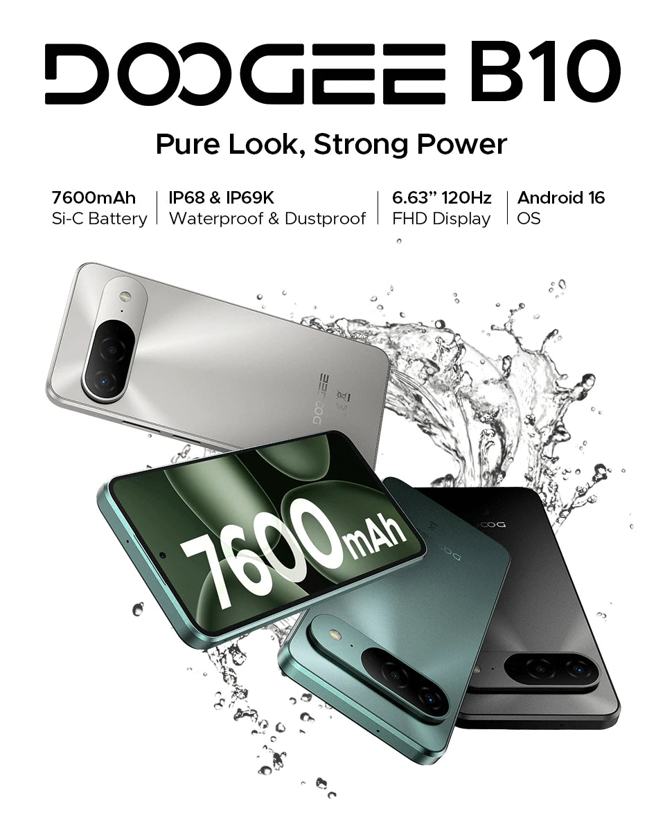 World Premiere DOOGEE B10 Smartphone 7600mAh Battery 6GB 256GB 6.6'' Display 64MP AI Camera Gemini AI Android 16 Mobile Phone