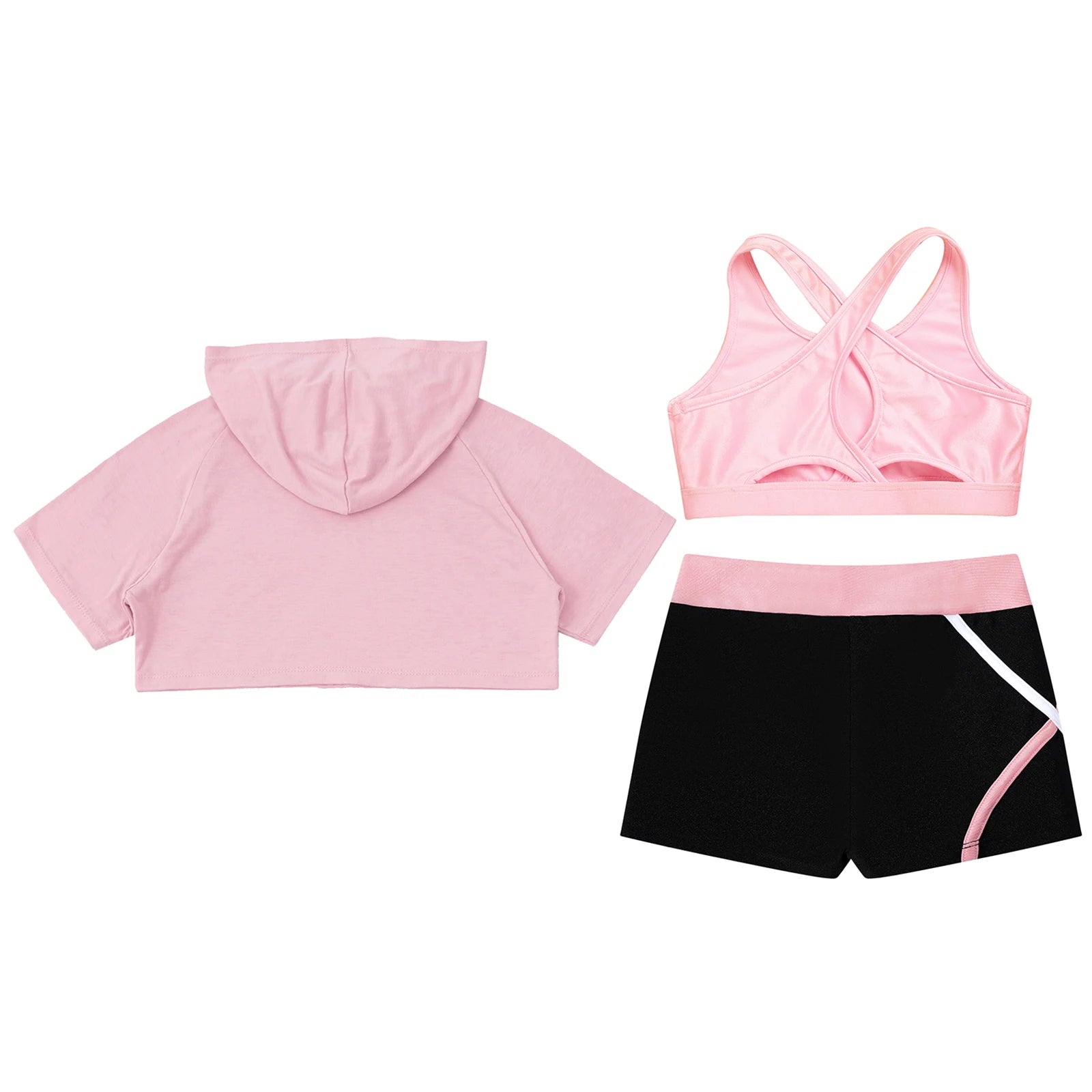 3Pcs Girls Sports Set Vest+Hooded Crop Top+Shorts Sportswear Set for Child Dance Yoga Running Cycling Workout Costume Activewear