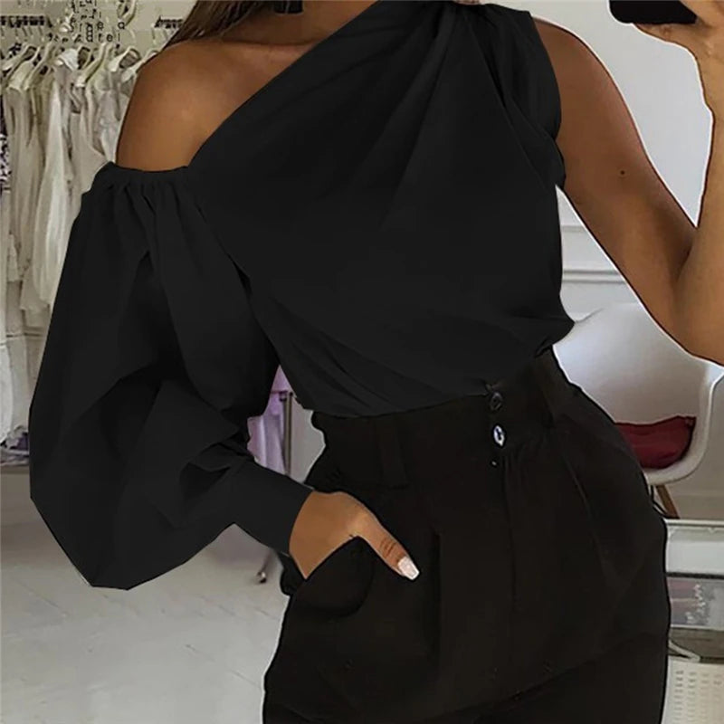 Sexy Off Shoulder Women Shirts Summer Lantern Sleeve Blouse Casual Loose Solid Tops Lady Elegant Blusas Femme Streetwear Shirt