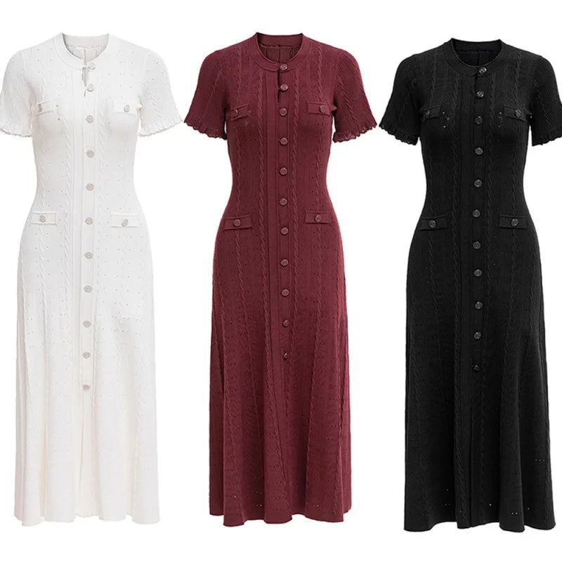 Summer Solid Round Neck Short Sleeved Office Lady Knitted Dress Women Korean Single Breasted Hollow Out Long Dress Fashion Trend