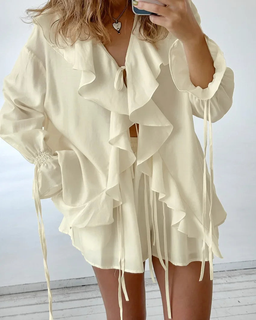 Casual Shorts Two-piece Set For Women Ruffled Loose Tie Top Simple Shorts Set OL Office Lady Summer Female Shorts Suit