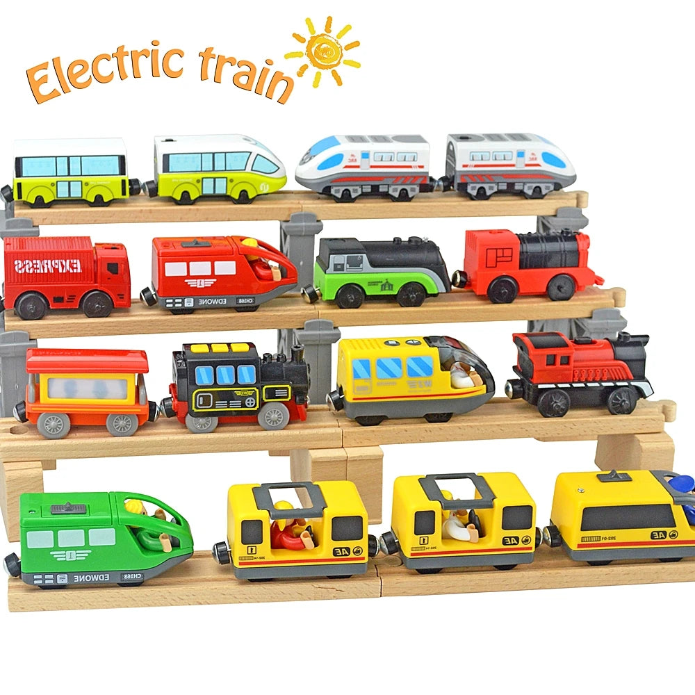 Magnetic Electric Train Car Locomotive Wooden Track Slot Diecast Railway With Two Carriages Train Wood Kid Toy Biro Leduo Track