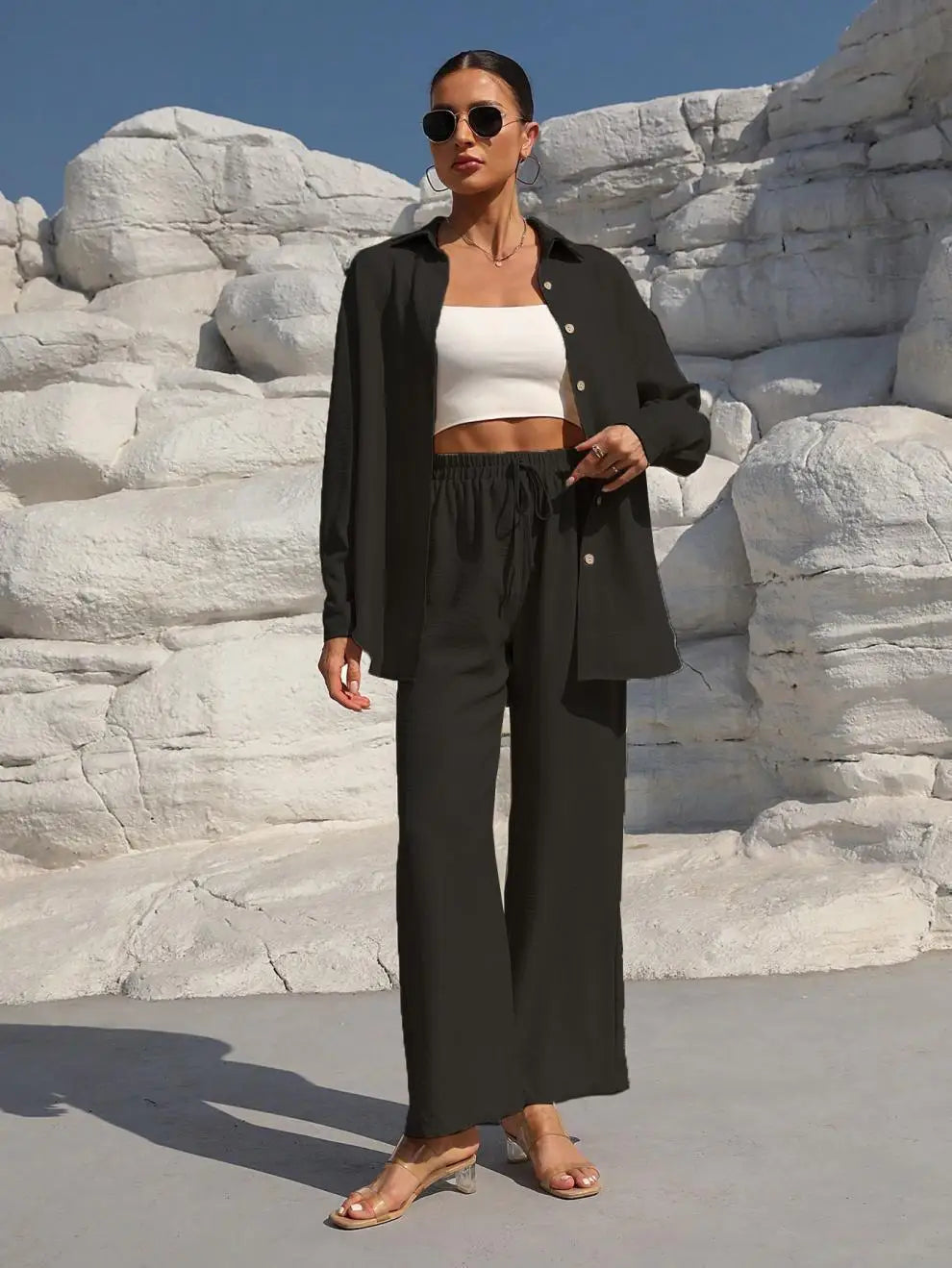 Plus Size Casual Loose Two-Piece Set Wide Leg Pants Long Sleeve Shirt Light Beige Street Style Elegant Quality Polyester Summ...