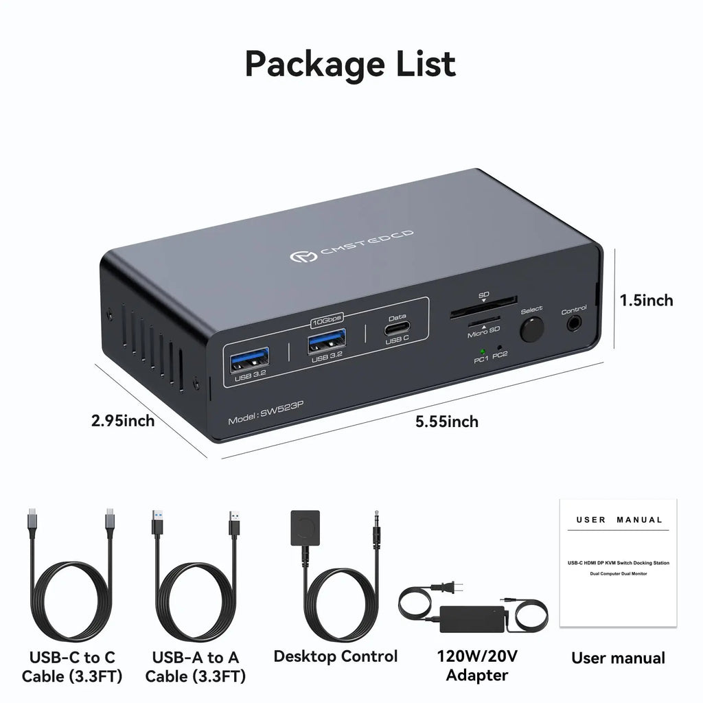 KVM Switch 2 Monitors 2 Computers Docking Station USB C+HDMI/DP Input,4K@60Hz/120Hz DisplayPort Dual Monitor for Laptop Desktop