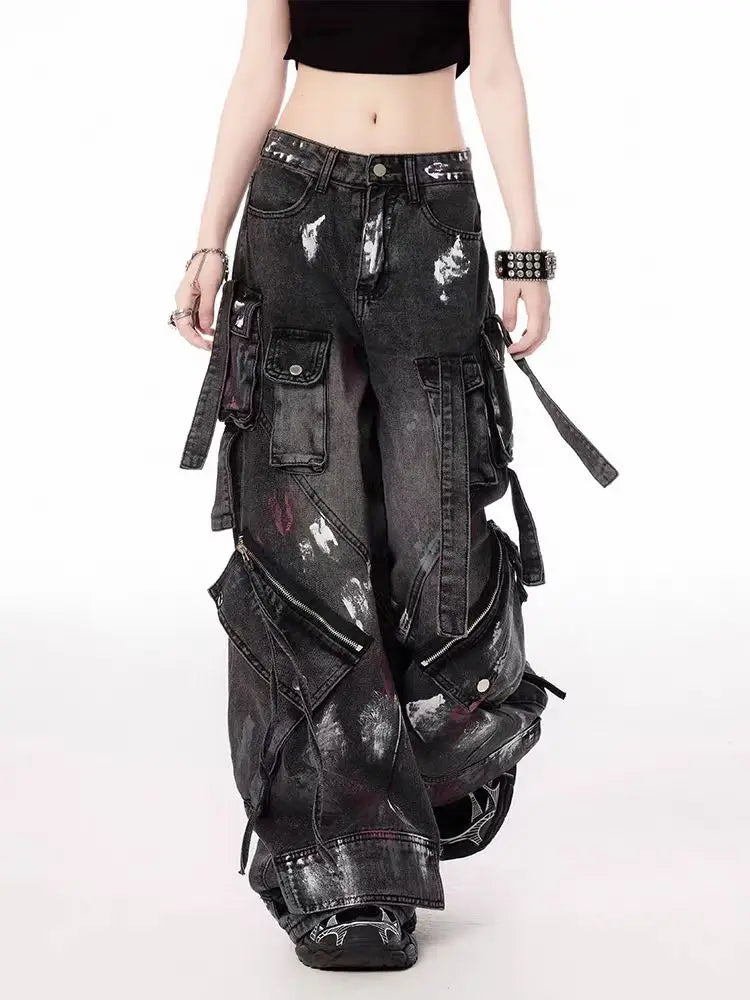 Y2K Harajuku Gothic Multi-Pocket Washed Black Jeans Men And Women 2000s Heavy Industry Drag Pants Street Hip Hop Wide Leg Pants
