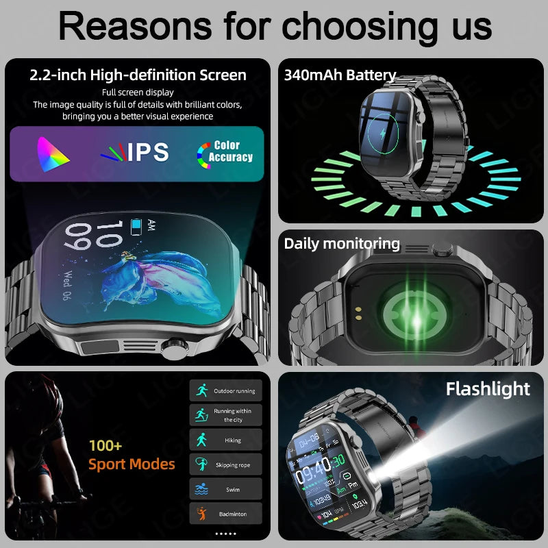 LIGE New 2.2-inch 3D Curved Screen Smart Watch With LED Light Thermometer Health Monitor Smartwatch BT Call Sports Fitness Watch