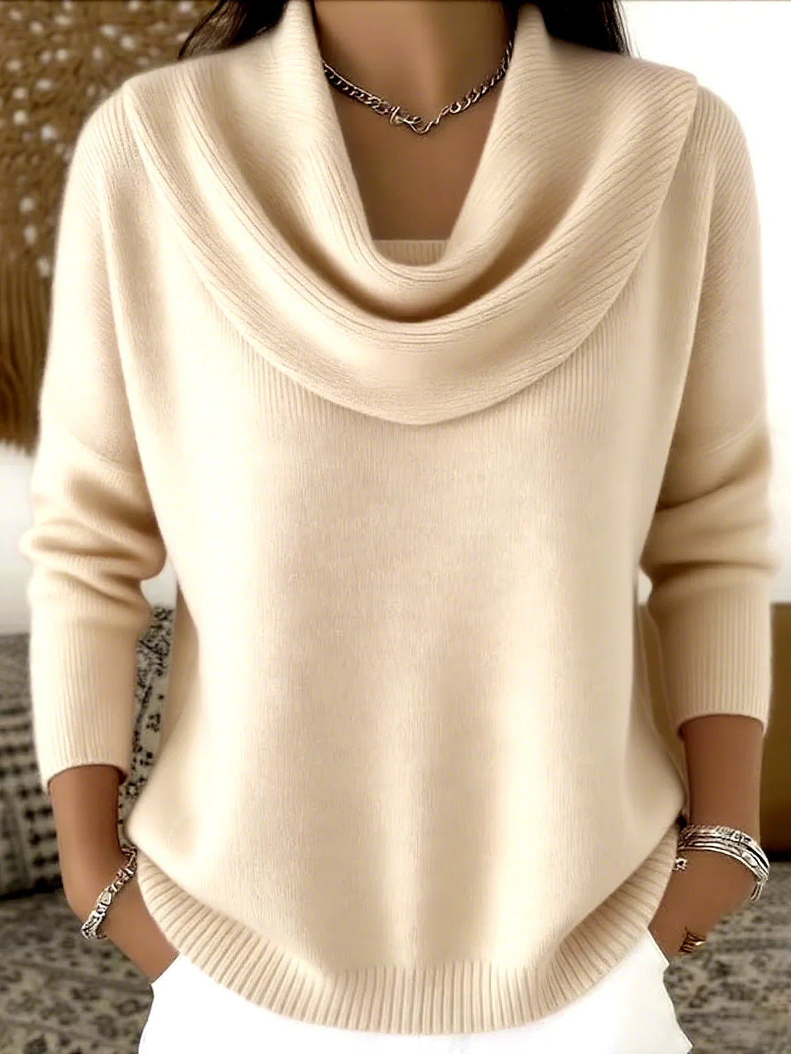 Women's New Draped Neck Pullover Sweater, Simple & Elegant Round Neck Knit Top, Suitable for Spring, Autumn and Winter