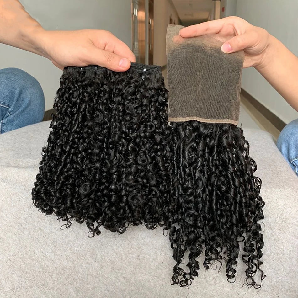 Pixie Curly Human Hair Weave Bundle With Closure Brazilian Human Hair Weave Extensions 100% Human Hair Weft HD Lace Closure Main image