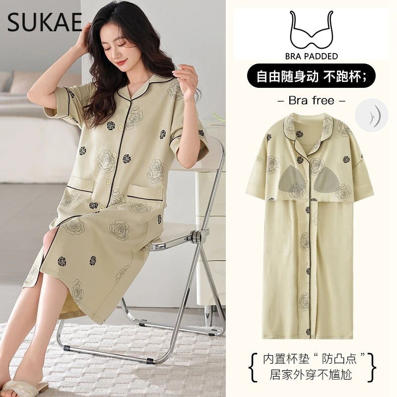 SUKAE Midi Nightdress M-5XL V-neck Bra Padded Botton Sleepshirt Plus Size Cotton Nightgowns Summer Women Short Sleeves Nightgown Main image