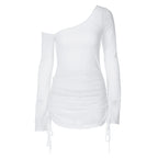 Solid Skew Collar Ruched Straps Lace-Up See Through Draw String Mini Dress 2025 Summer  Women Party Clubwear Wholesale