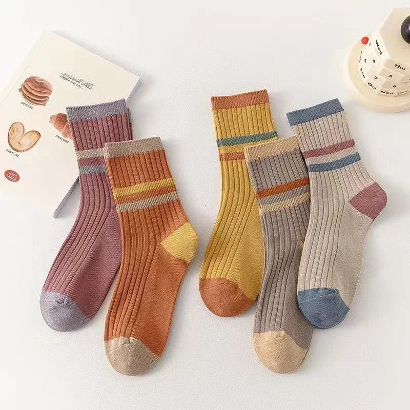 5 Pairs Striped Print Socks for Women Comfy Soft Mid Tube Socks Winter  Harajuku Funny Casual Sock Women's Stockings Hosiery