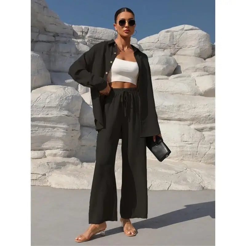 Plus Size Casual Loose Two-Piece Set Wide Leg Pants Long Sleeve Shirt Light Beige Street Style Elegant Quality Polyester Summ...