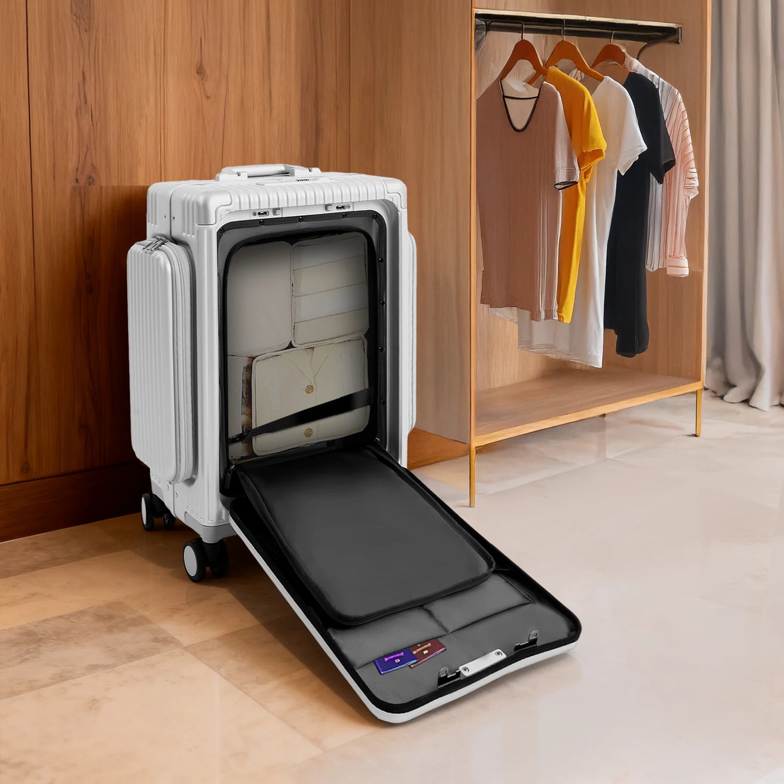 Modern 20in PC Luggage Suitcase Aluminum Alloy Hard Shell Travel Suitcase with 4 Wheels 3-open Structure for Trips Secondary image