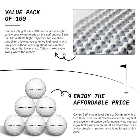 Caiton 100pcs 2-Layer Golf Balls - 332 Dimple, Max Distance, Spin Control, Durable, Precision - For Golf Training & Play