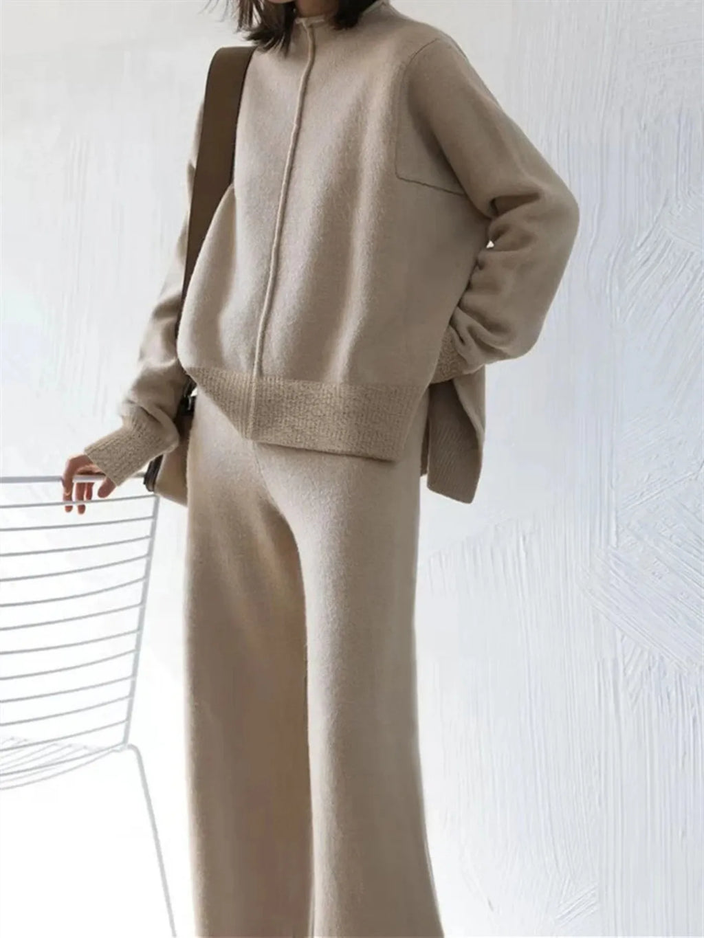 Women's Beige Oversized Knit Two-Piece Set with Half-Zip Sweater And Wide-Leg Pants Casual Loungewear