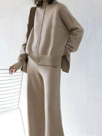 Women's Beige Oversized Knit Two-Piece Set with Half-Zip Sweater And Wide-Leg Pants Casual Loungewear