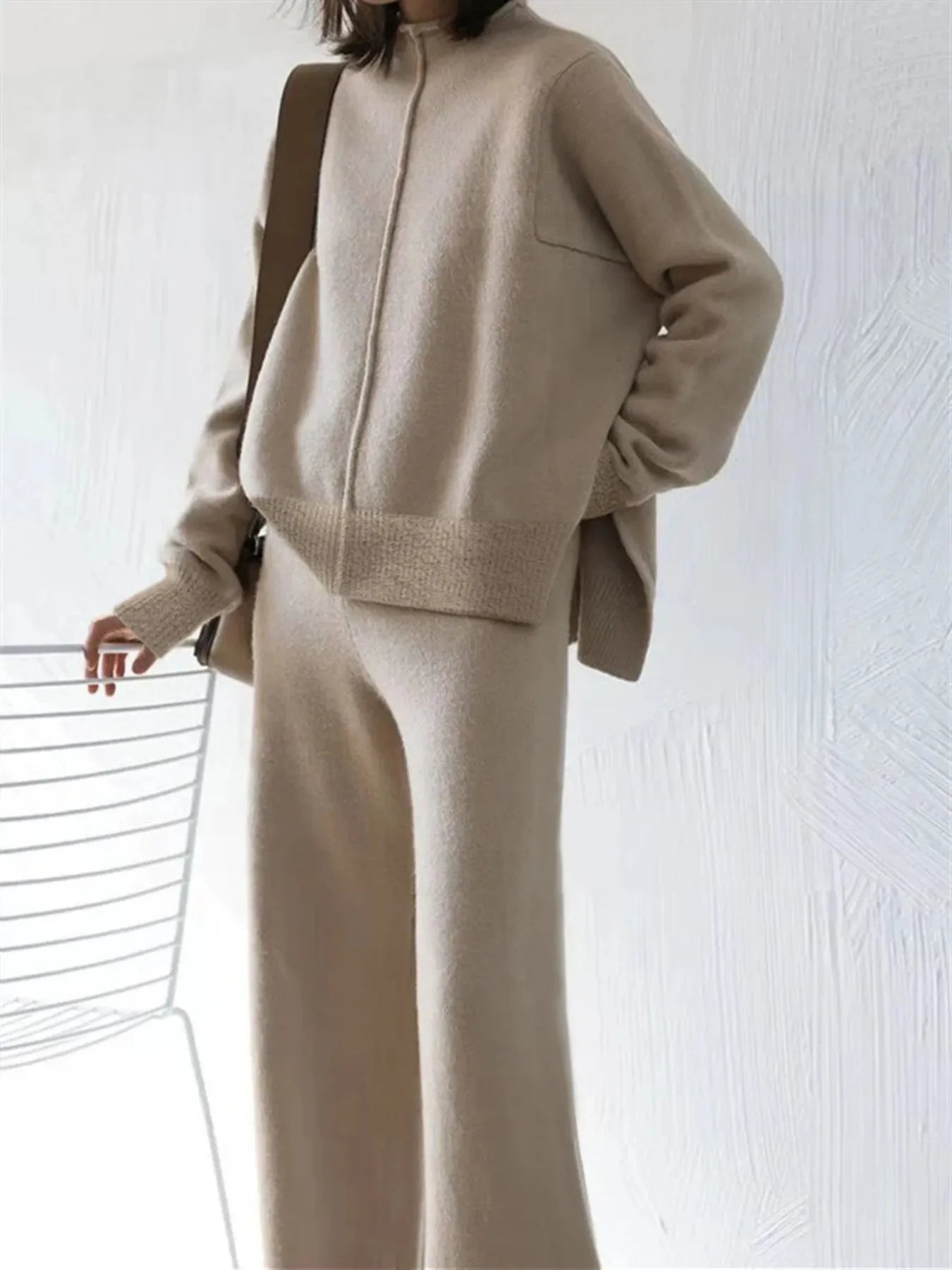Women's Beige Oversized Knit Two-Piece Set with Half-Zip Sweater And Wide-Leg Pants Casual Loungewear