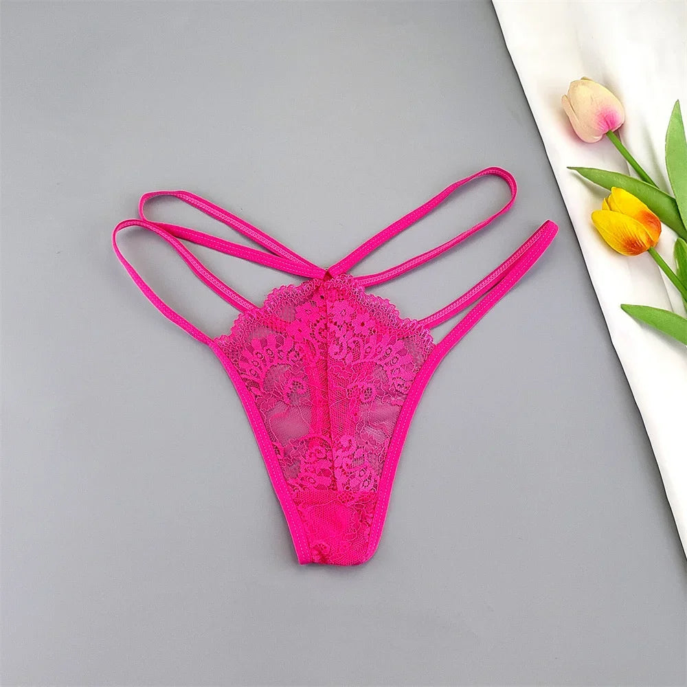 3 Pcs Lace Thin Strap Thong Women Low Waist Sexy Perspective Underwear Ladies Transparent G-string Panty Plus Size T-back