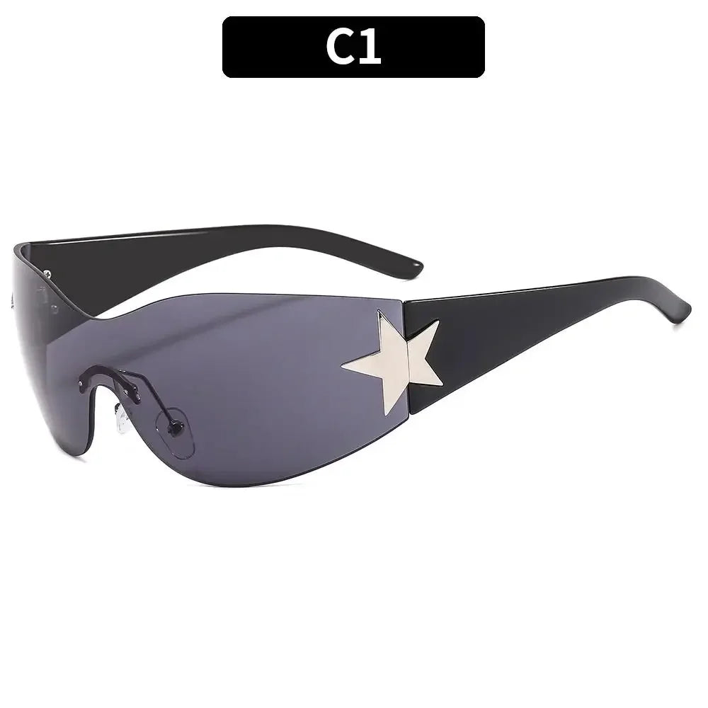New Y2K Rimless Punk Sunglasses Goggle Women Men Luxury Brand Wrap Around Sun Glasses Five Star Eyewear Sports One Piece Shades