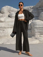 Plus Size Casual Loose Two-Piece Set Wide Leg Pants Long Sleeve Shirt Light Beige Street Style Elegant Quality Polyester Summ...