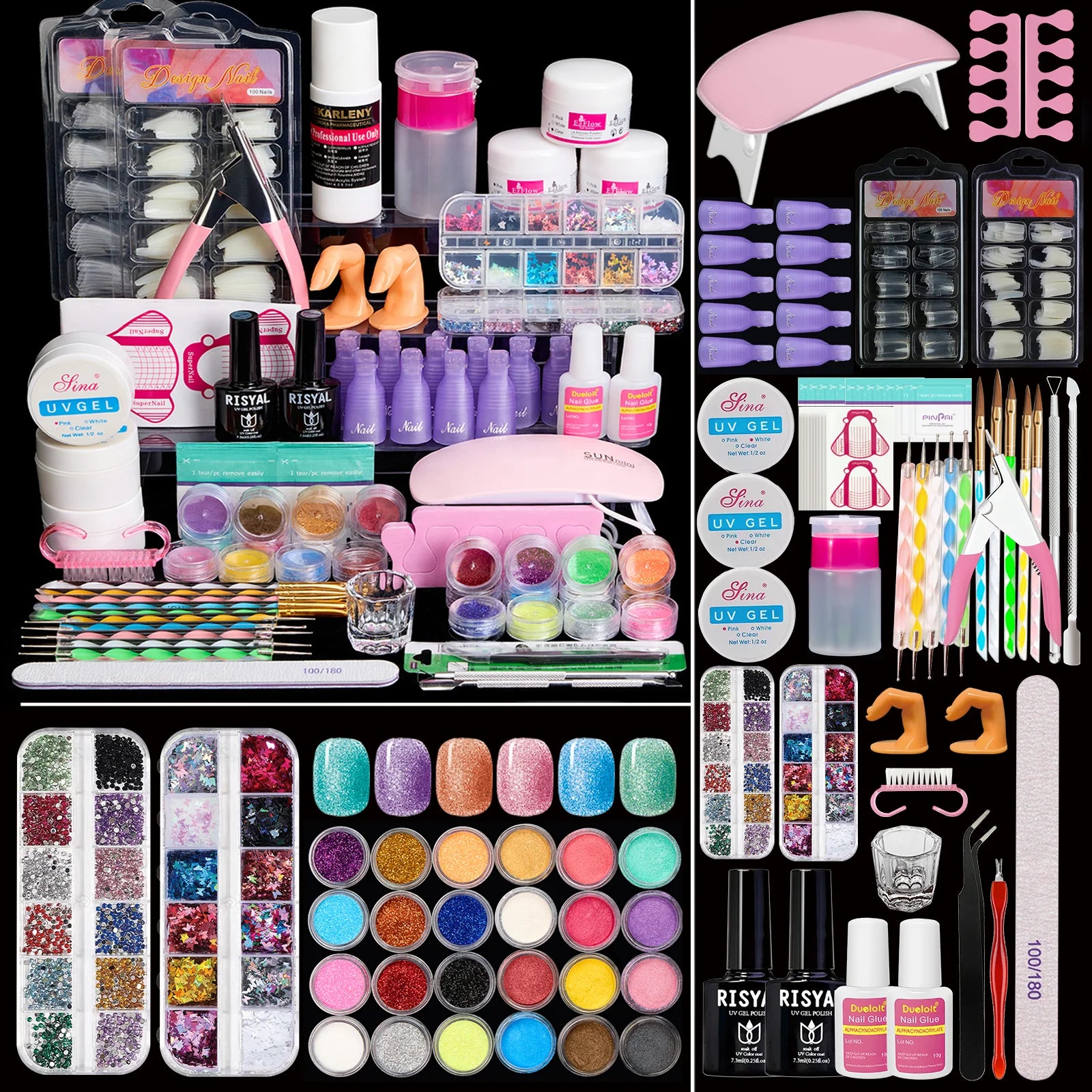 Acrylic Nail Kit with UV Light, Professional Nail Kit Acrylic Set for beginners with Everything 3PC Powder 24PC Glitter Fake Tip Main image