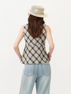 FSLE Retro Plaid Round Neck Slim Waist Sleeveless Shirt for Women New Summer 2026 Style with Ribbon Korean Style Y2k