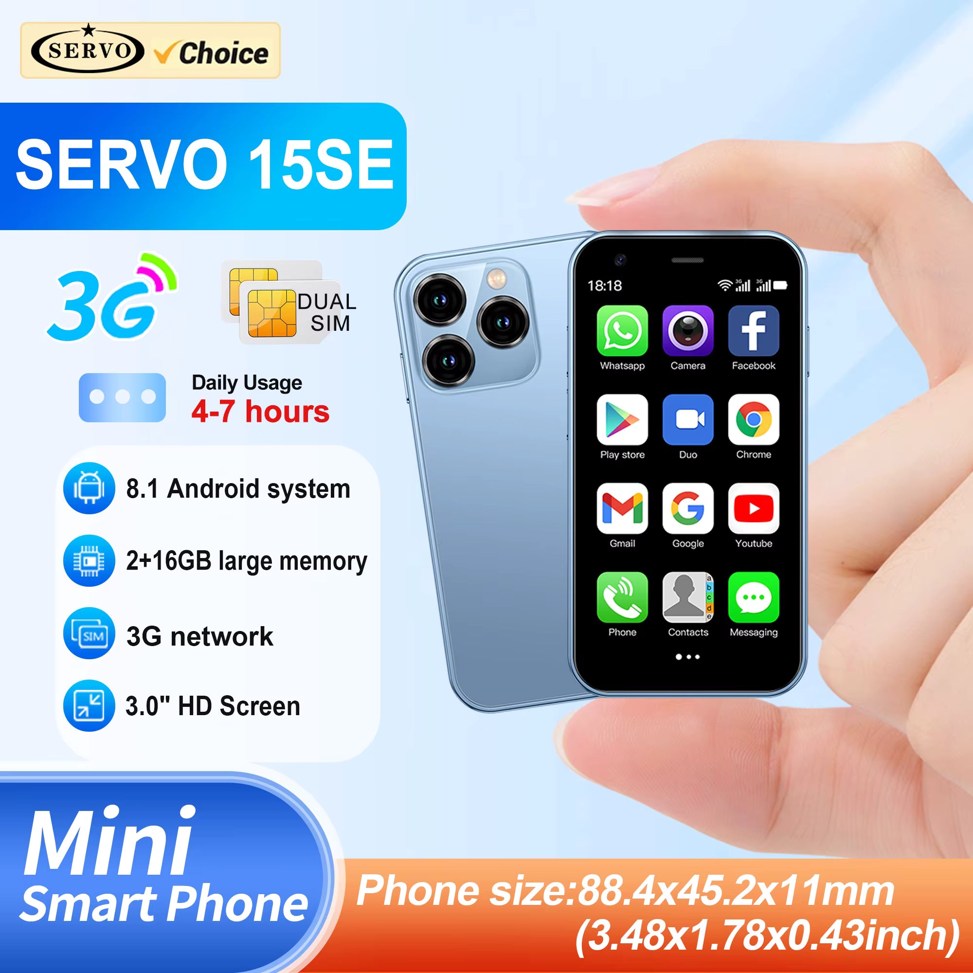 SERVO 15SE Mini Smartphone 3G WCDMA Android System WiFi Hotspot Play Store 3.0" Display Small Palm Smart Phones Dual SIM Standby Main image