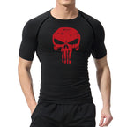 Skull Print Compression Shirts for Men Gym Workout Running Tshirts Sporty Athletic Quick Dry Tees Tops Short Sleeve Rash Guard